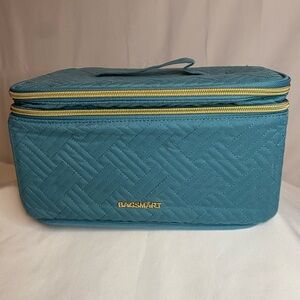 Bagsmart double layer large makeup train case blue/teal with shoulder strap